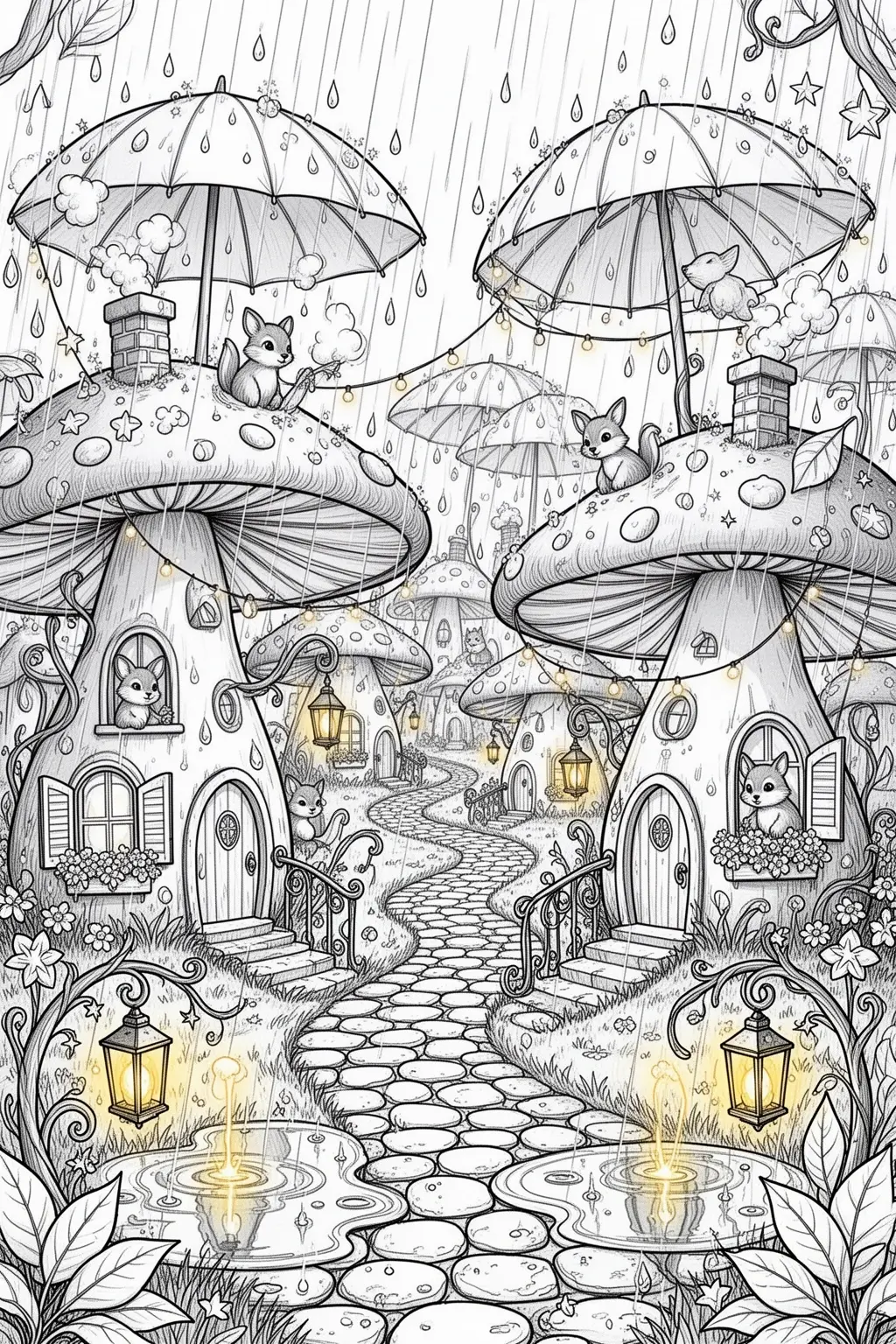 Can You Color This Umbrella Mushroom Village? coloring page.