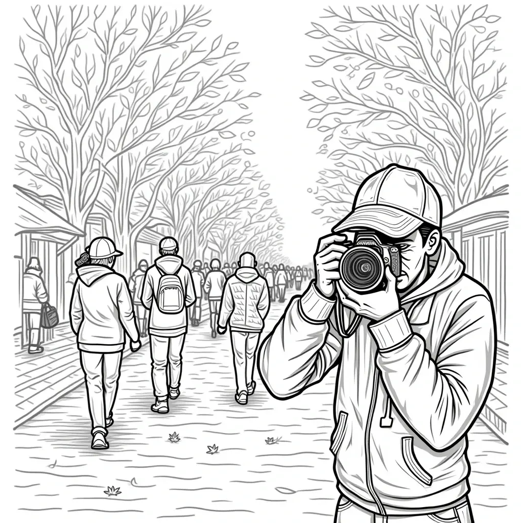 Black-and-white line art of a street photographer photographing pedestrians on a tree-lined path in fall. Detailed coloring page ideal for kids' coloring page and an adult printable coloring page; use