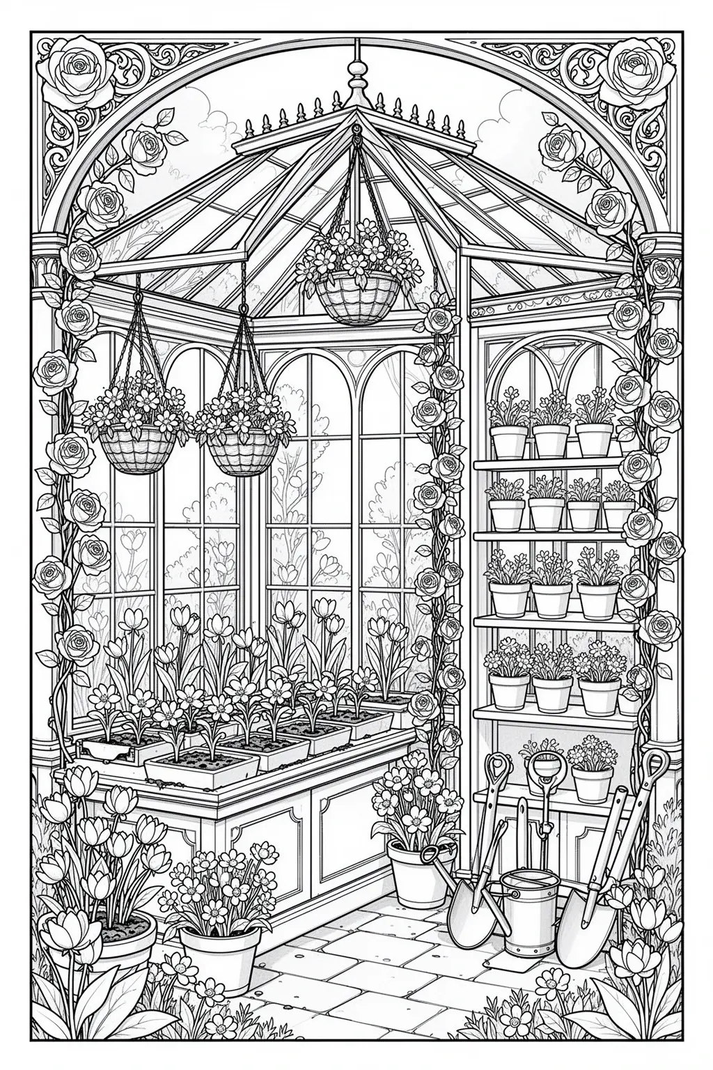 Detailed coloring page of a Victorian greenhouse filled with flowers, seedlings, pots, and garden tools.