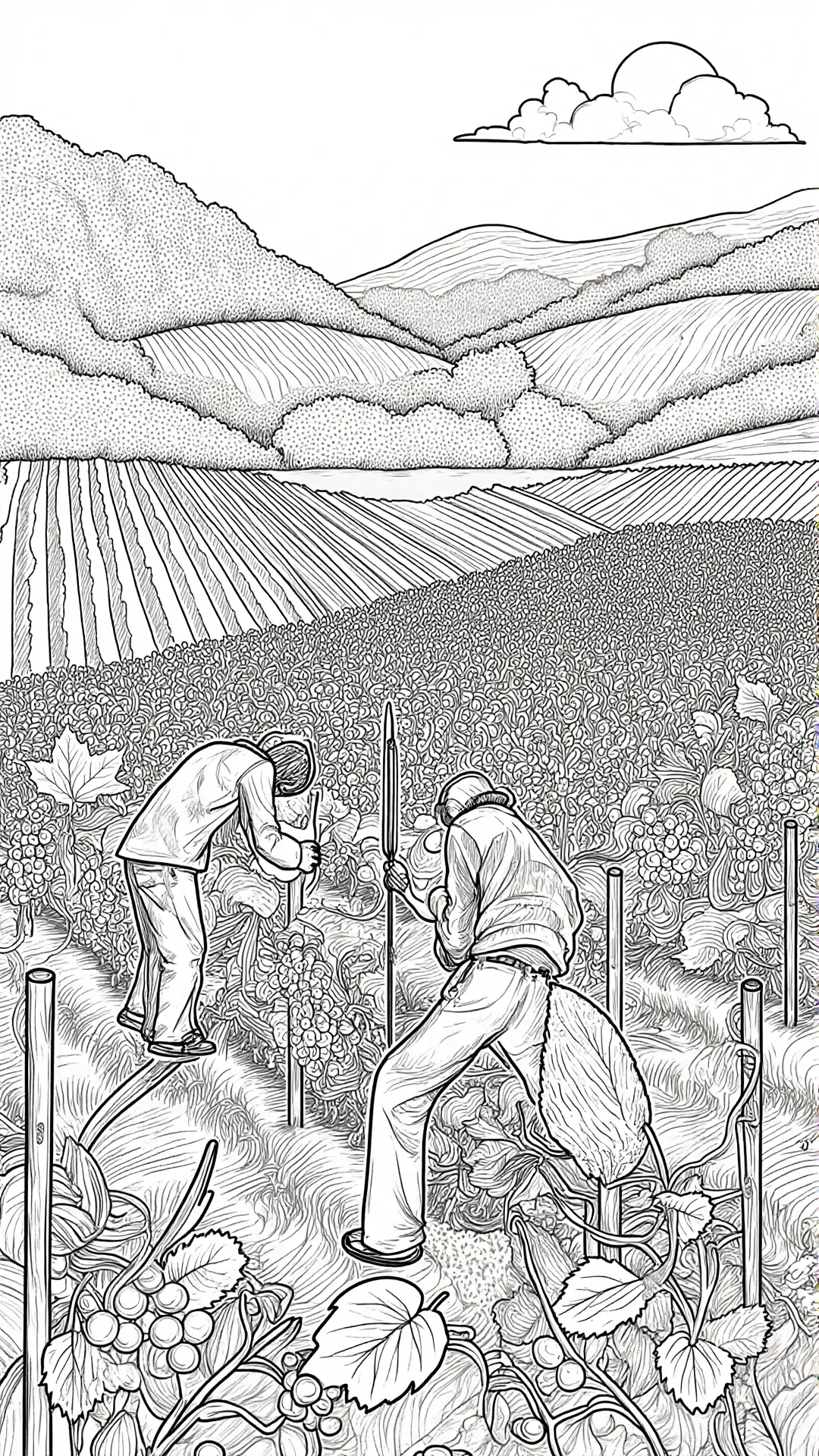 Black-and-white vineyard harvest scene with two people picking grapes among detailed rows and rolling hills; detailed coloring page, kids' coloring page, printable coloring page, and coloring sheets