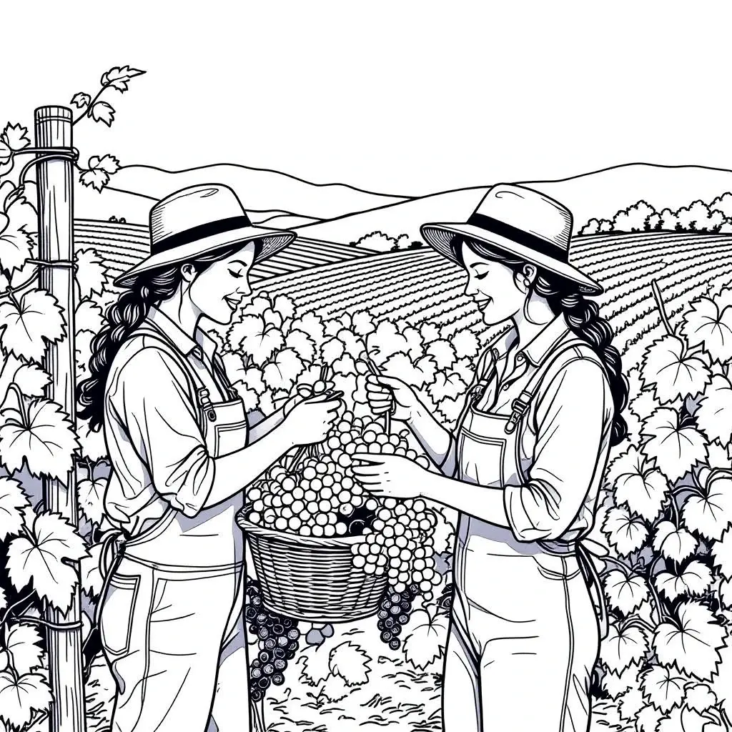 Black-and-white vineyard coloring page showing two women people harvesting grapes in a field. Detailed coloring page for a printable coloring page, kids' coloring page and coloring sheets for fall and