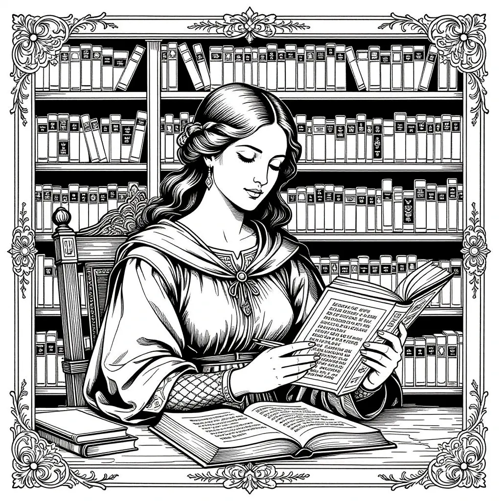 Black-and-white detailed coloring page of a woman reading at a library table surrounded by bookshelves great detailed coloring page, kids' coloring page, printable coloring page and coloring sheets.