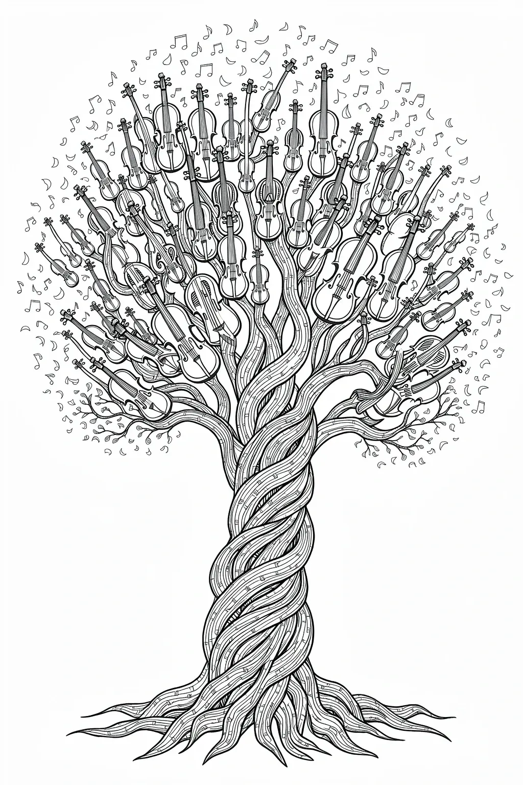 Black-and-white violin tree coloring page intricate, detailed coloring page design featuring dozens of violins forming branches and roots. Perfect kids' coloring page, printable coloring page entry.