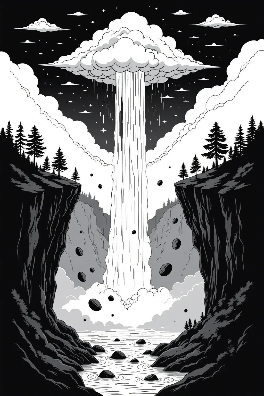 Monochrome printable coloring page of a mystical waterfall between cliffs with pine trees, clouds and falling rocks detailed coloring page, kids' coloring page, printable coloring page and coloring
