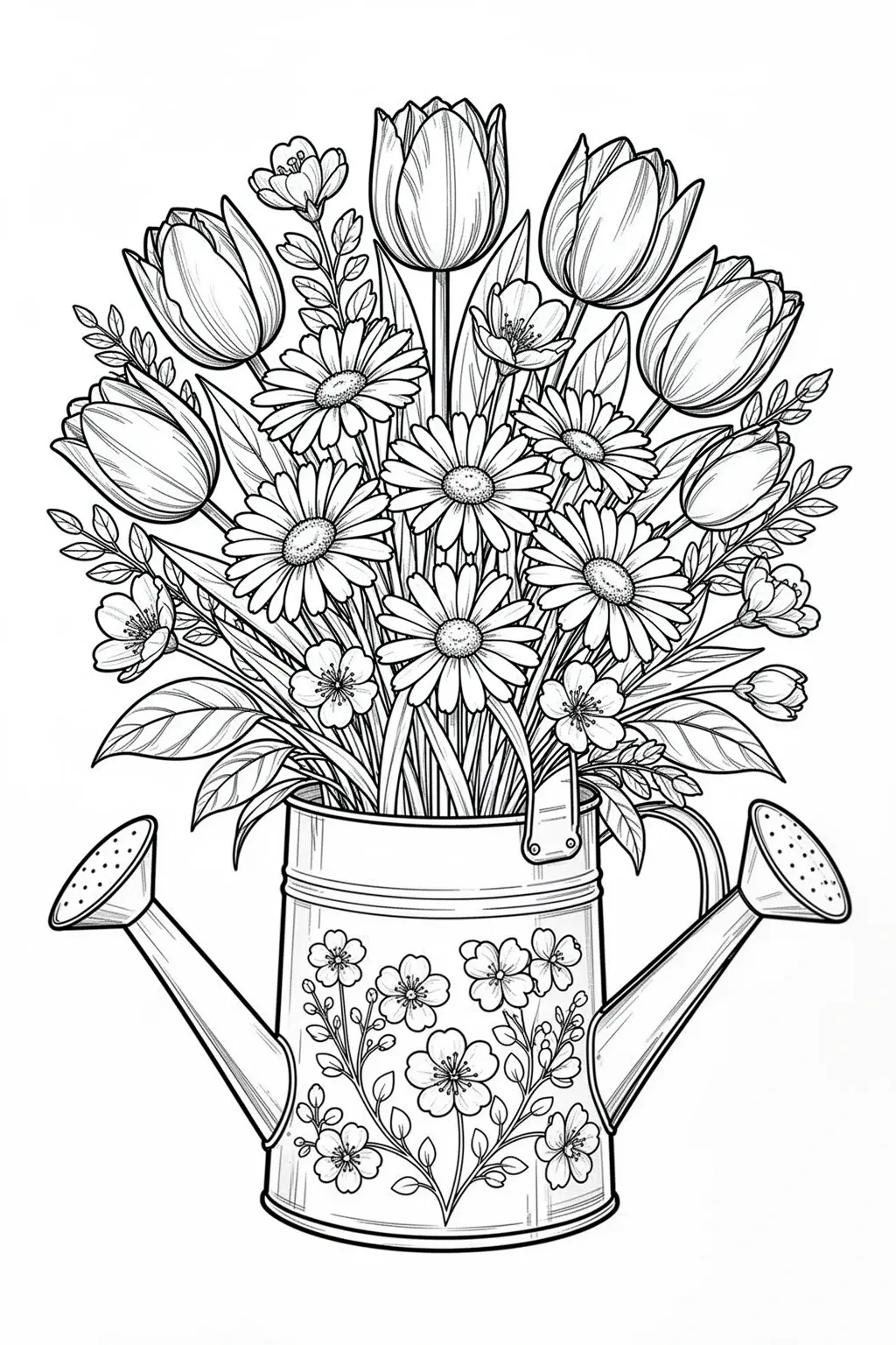 Black-and-white coloring page of watering can flower coloring page.