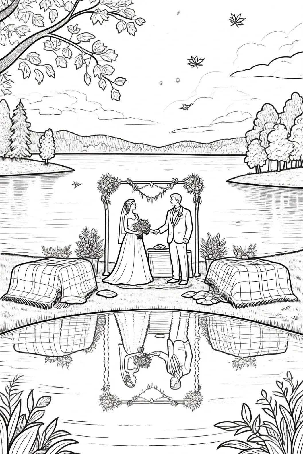 Lakeside wedding coloring page showing bride and groom under a floral arch with blankets and trees by the water; detailed coloring page, kids' coloring page, printable coloring page, coloring sheets