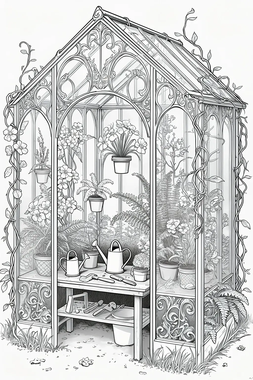 Intricate greenhouse garden scene with potted flowers, leafy vines, watering cans, and detailed glass panels for detailed coloring page, kids' coloring page, printable coloring page, and coloring