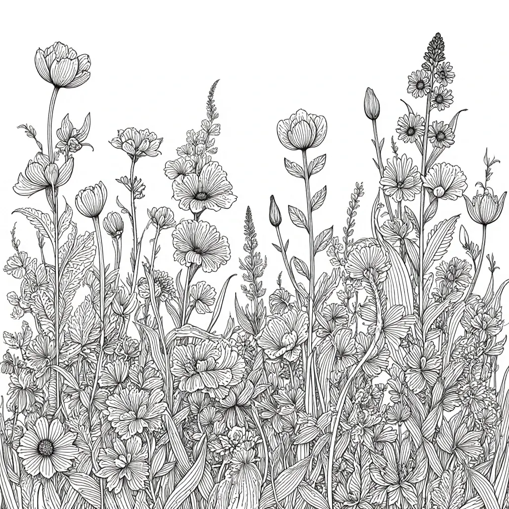 Black-and-white line art of a dense wildflower garden with blossoms, stems, and leaves perfect as a printable coloring page. Suits adults who enjoy detailed coloring page and kids' coloring page