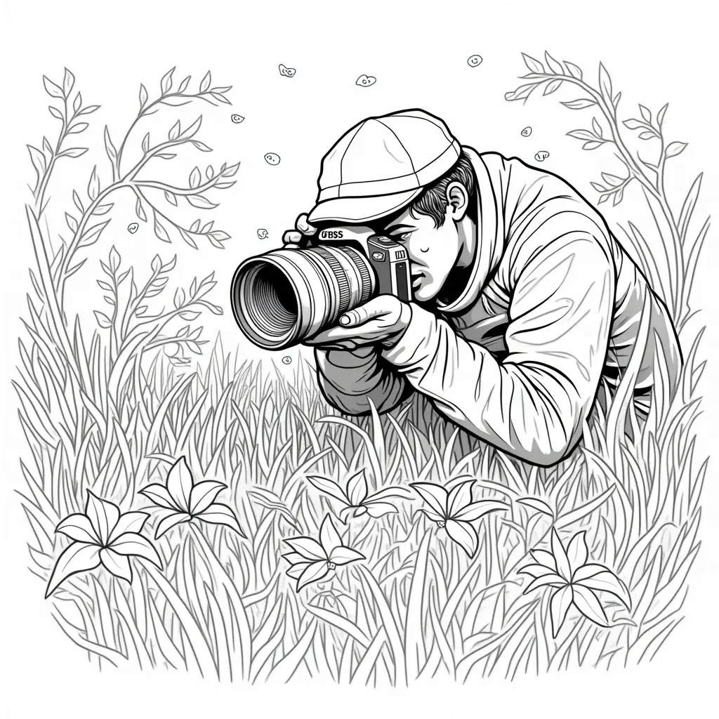 Black-and-white line art of a person crouched in tall grass taking a photograph; detailed coloring page with flowers and foliage for kids' coloring page, printable coloring page and coloring sheets.