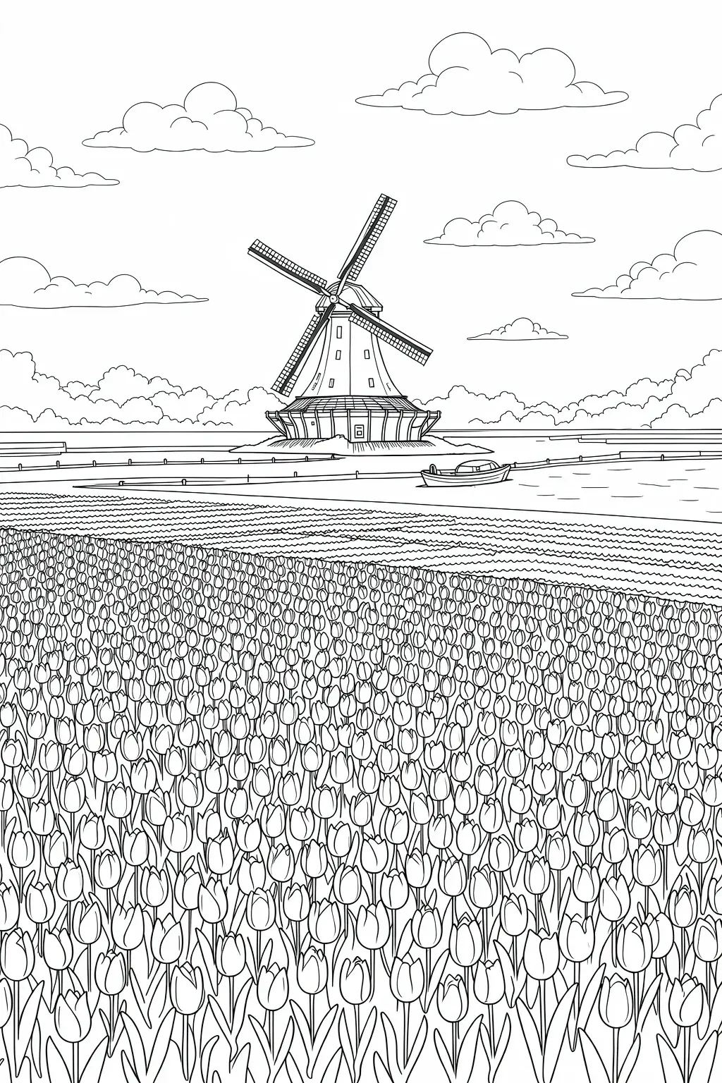 Black-and-white spring landscape line art of a windmill by water with a vast tulip field in front detailed coloring page, kids' coloring page, printable coloring page and coloring sheets for spring