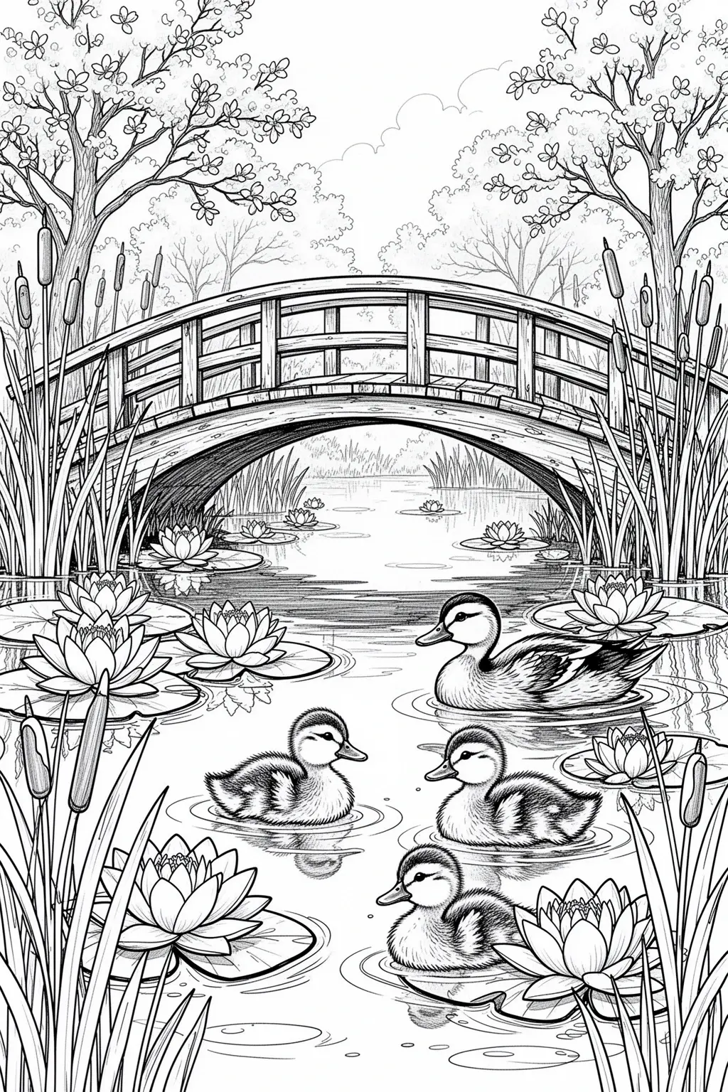 Spring duck pond bridge coloring page with calm water, blooming flowers, and a curved bridge.