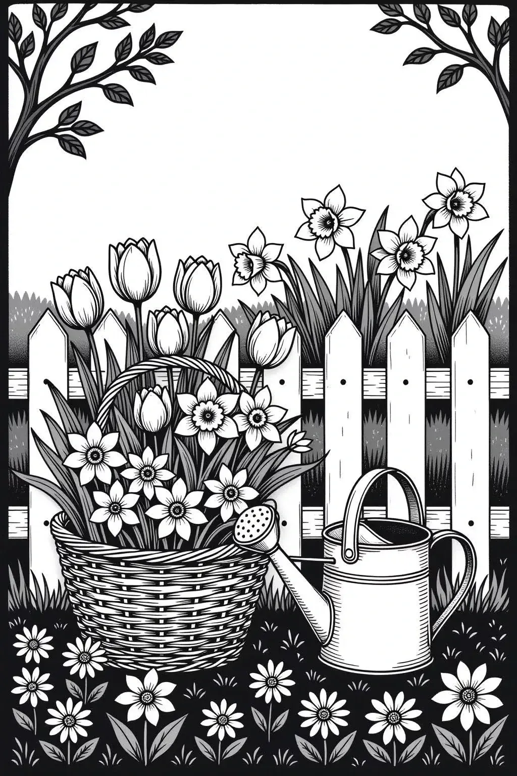 Free Spring Flower Basket Coloring Page printable black and white coloring sheet.