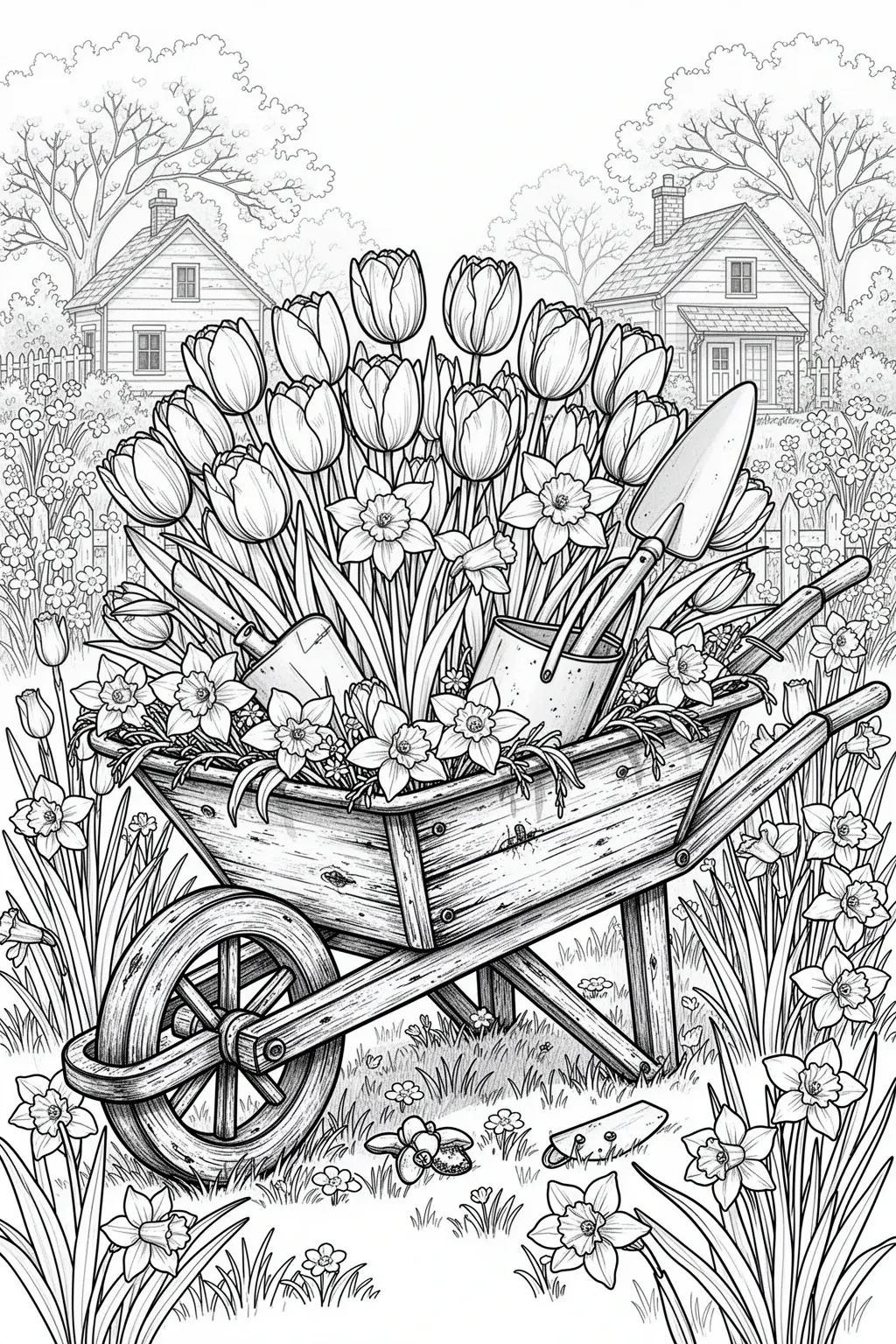 Free Spring Flower Wheelbarrow coloring page.