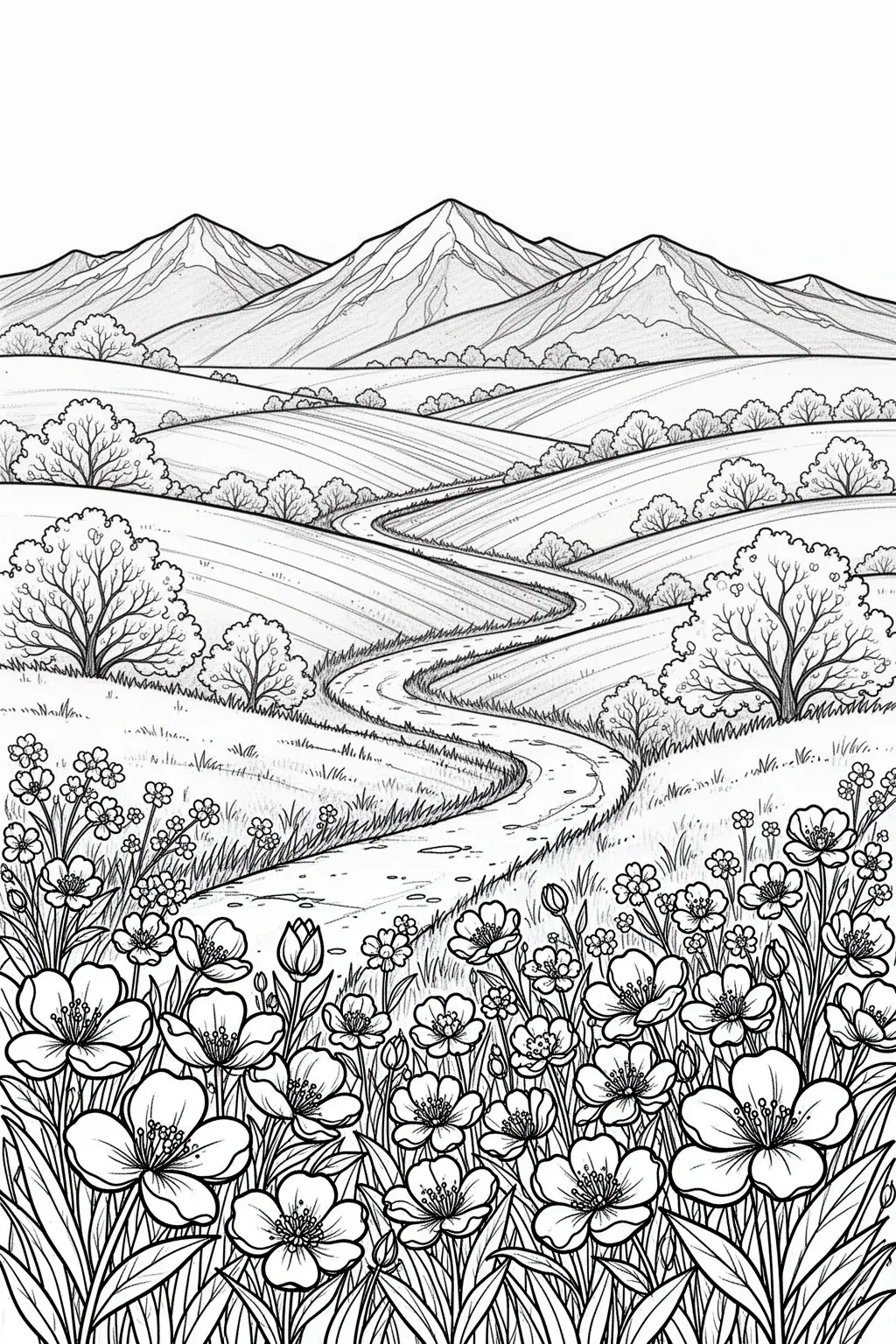 Spring landscape drawing tutorial coloring page with rolling hills and scenery.