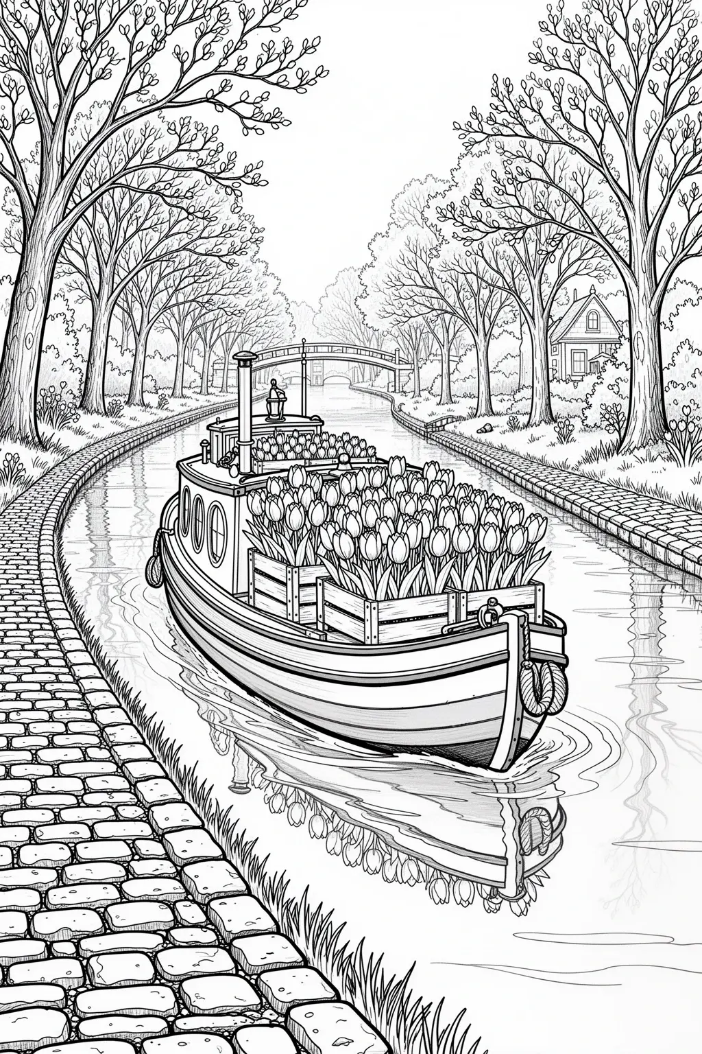Free Spring Tulip Canal Boat coloring page.