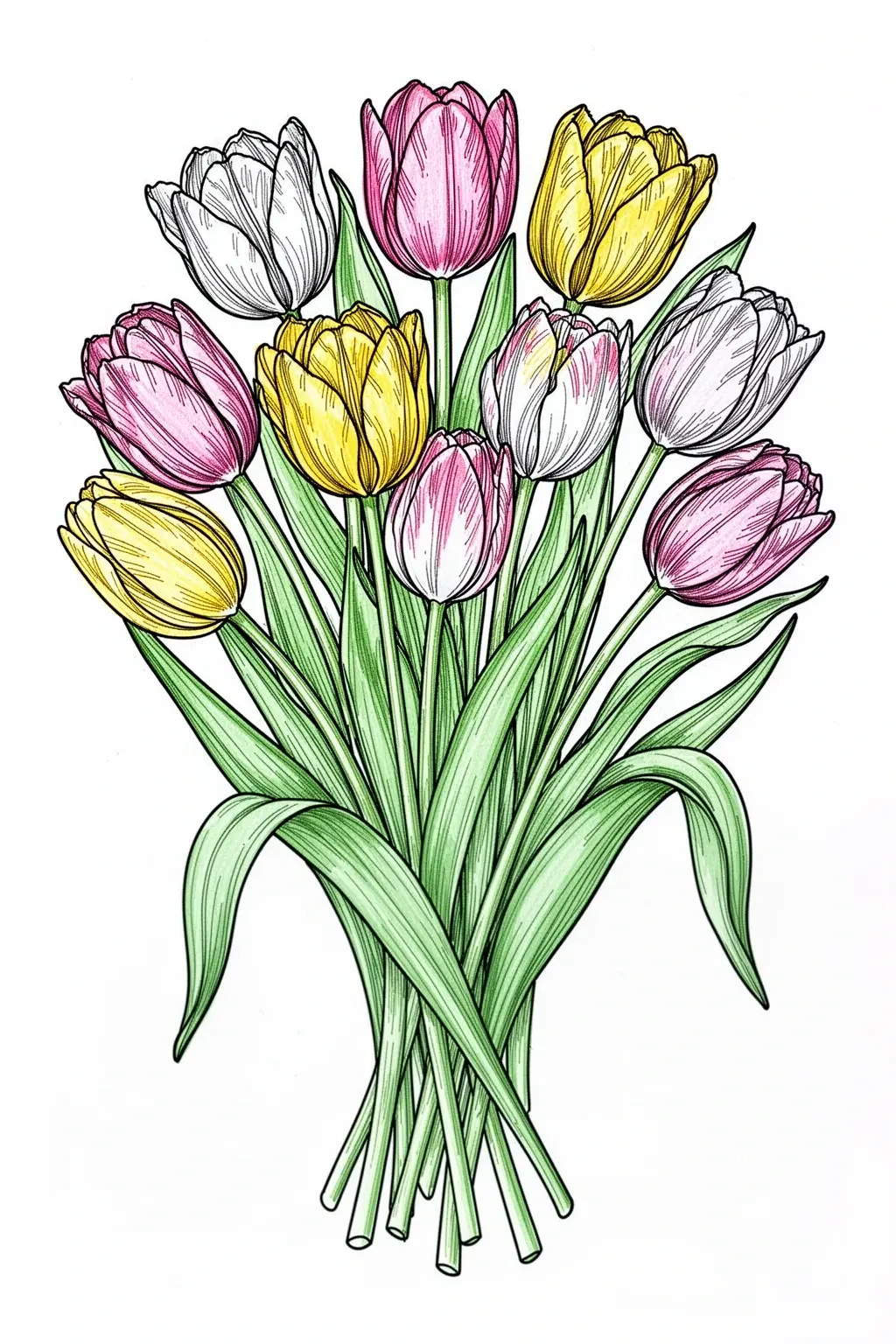 Tulip drawing tutorial coloring page.