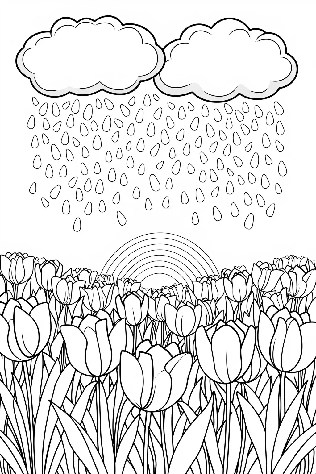 Free Tulip Rainy Spring Scene Coloring Page printable black and white coloring sheet.