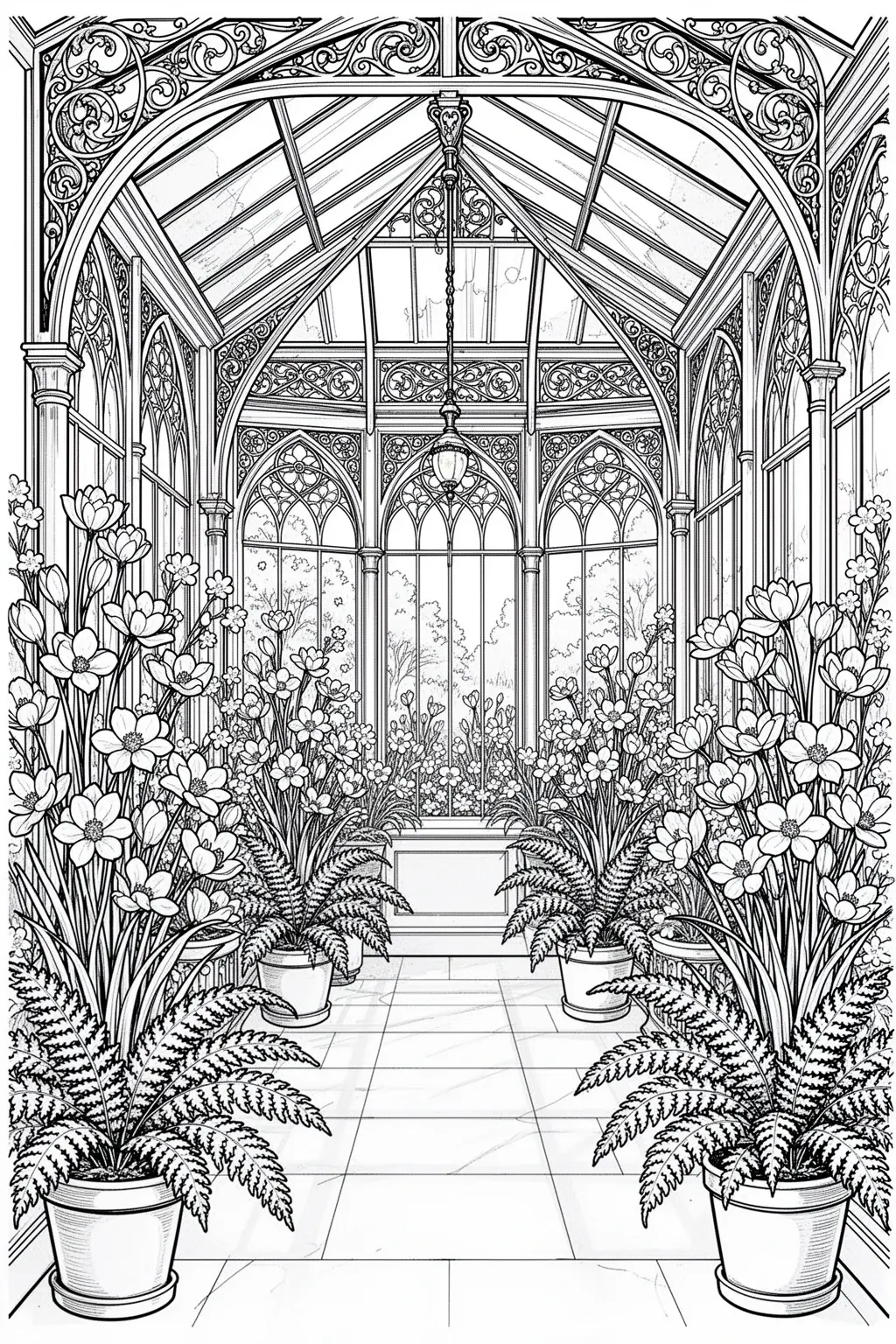 Victorian spring conservatory coloring page with spring blooms and detailed architecture.