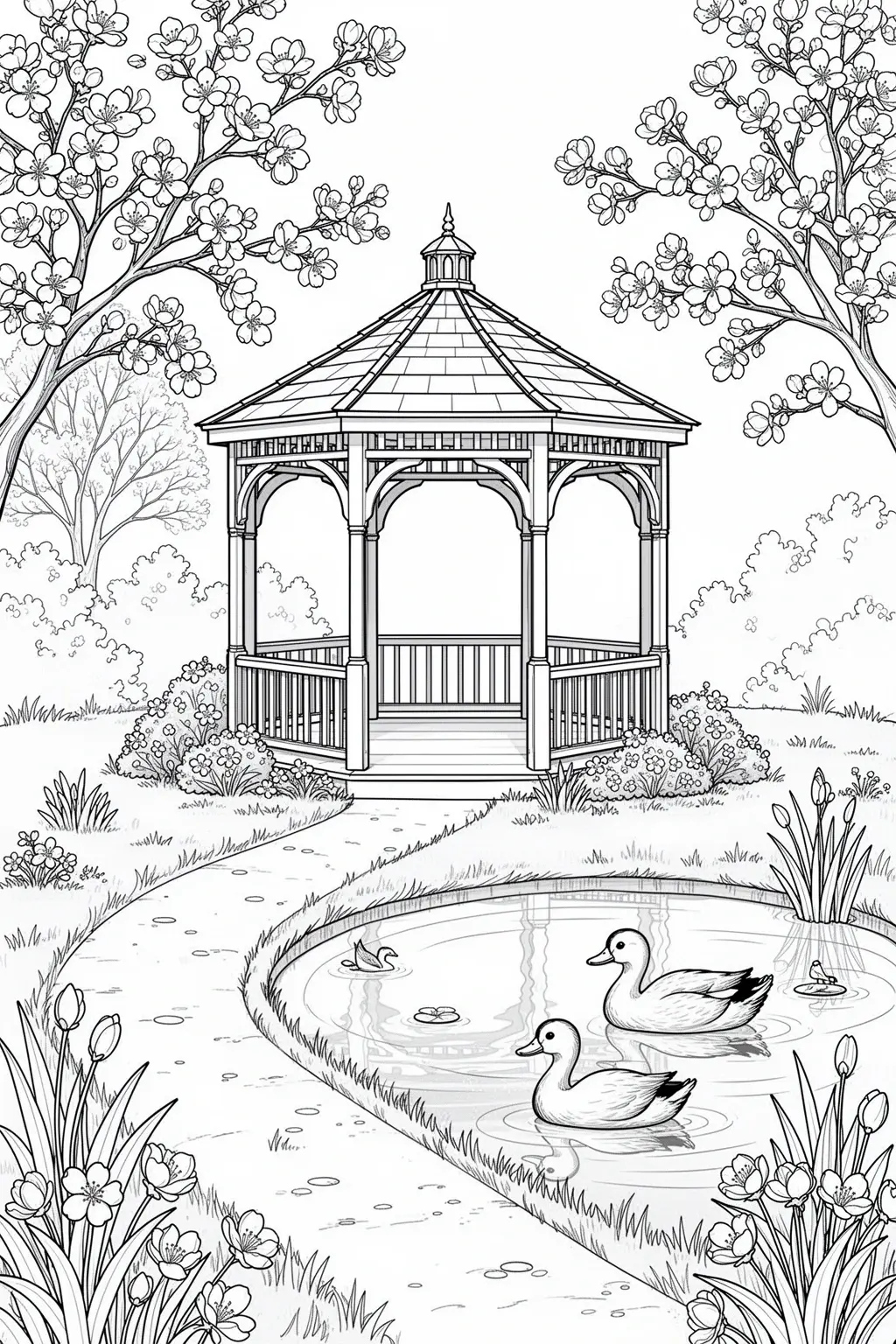 Gazebo duck pond with spring blossoms and a peaceful garden path coloring page.