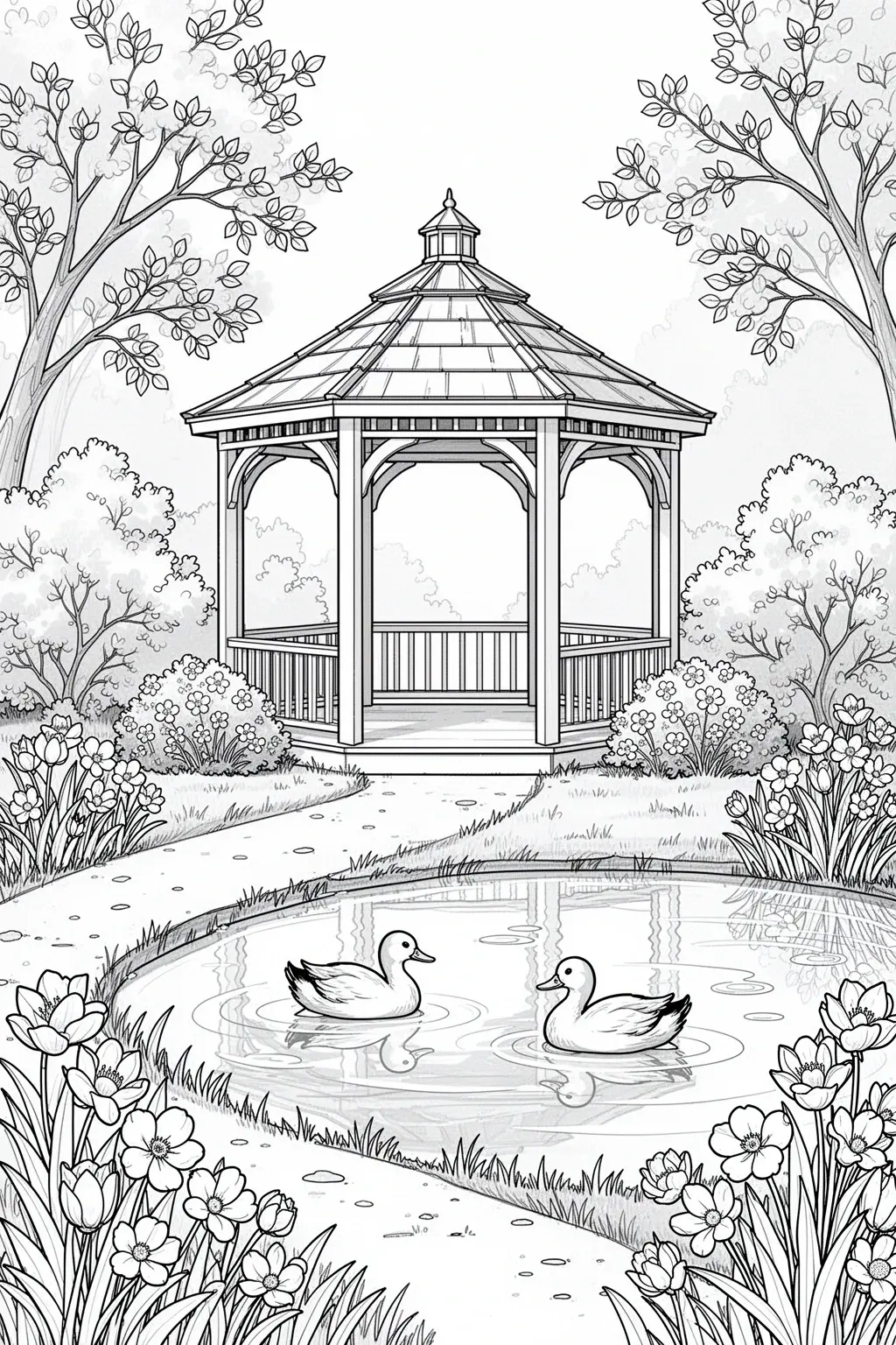 Gazebo duck pond coloring page with spring flowers and calm water in a peaceful garden scene.