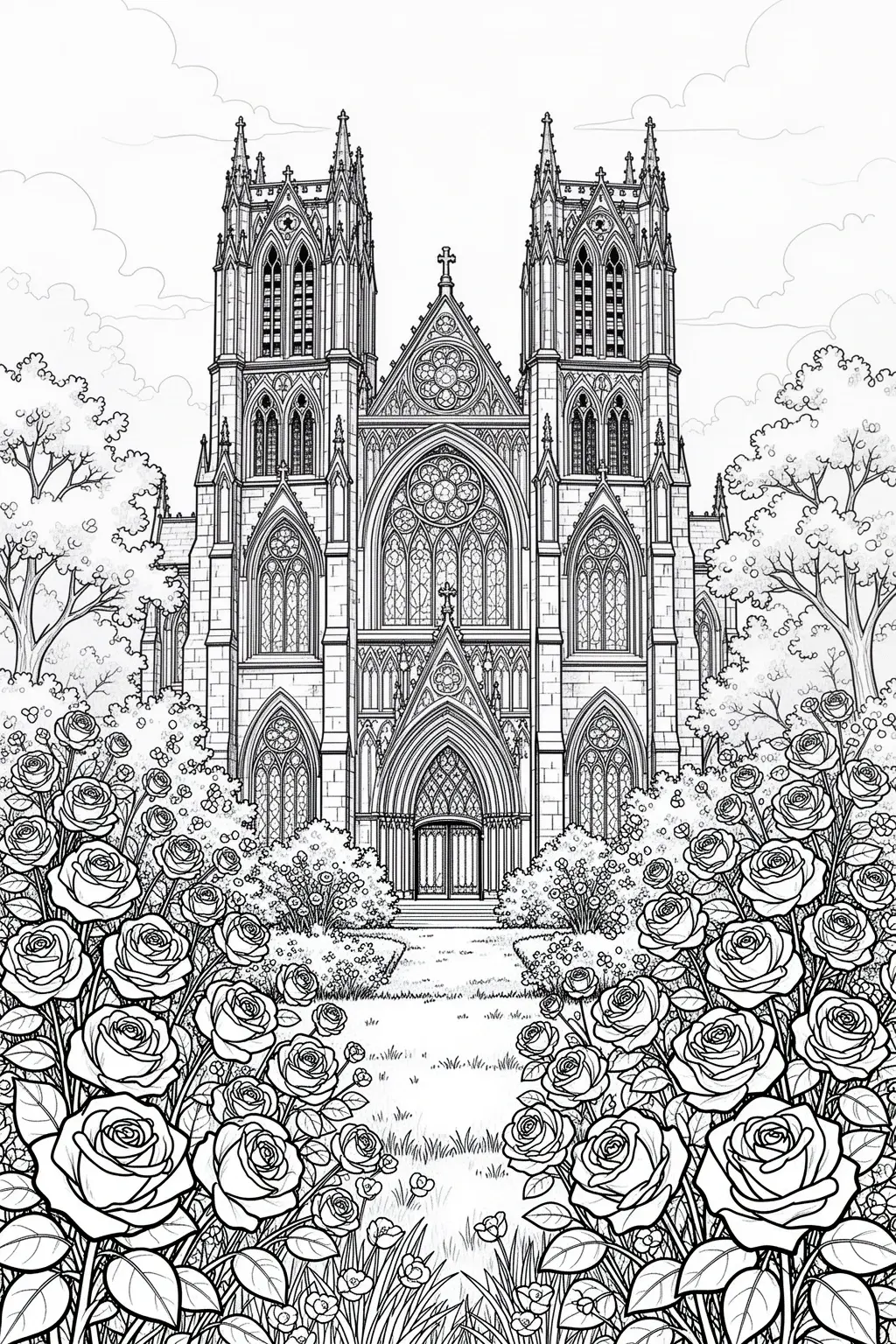 Free Gothic Cathedral Spring Garden coloring page.