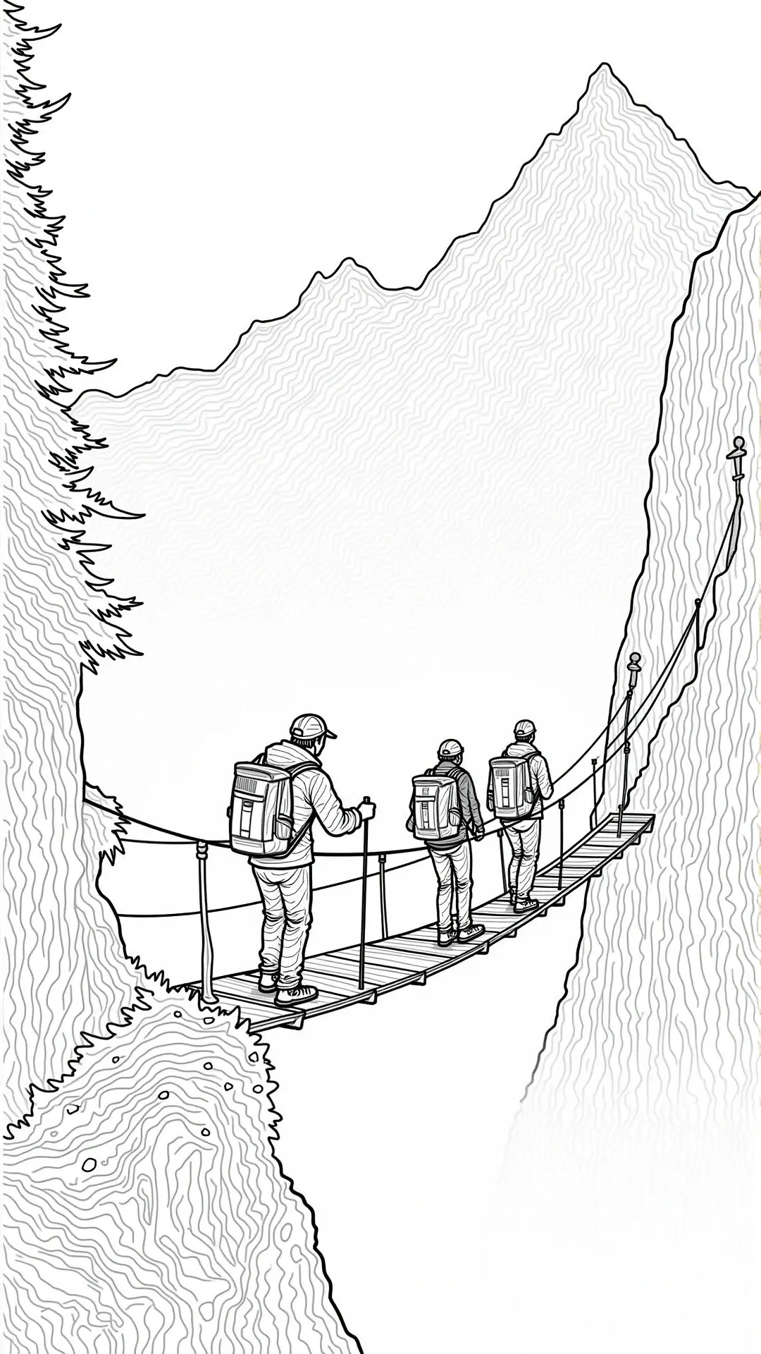 Black and white coloring page of three hikers with backpacks walking across a suspension bridge in a mountain canyon