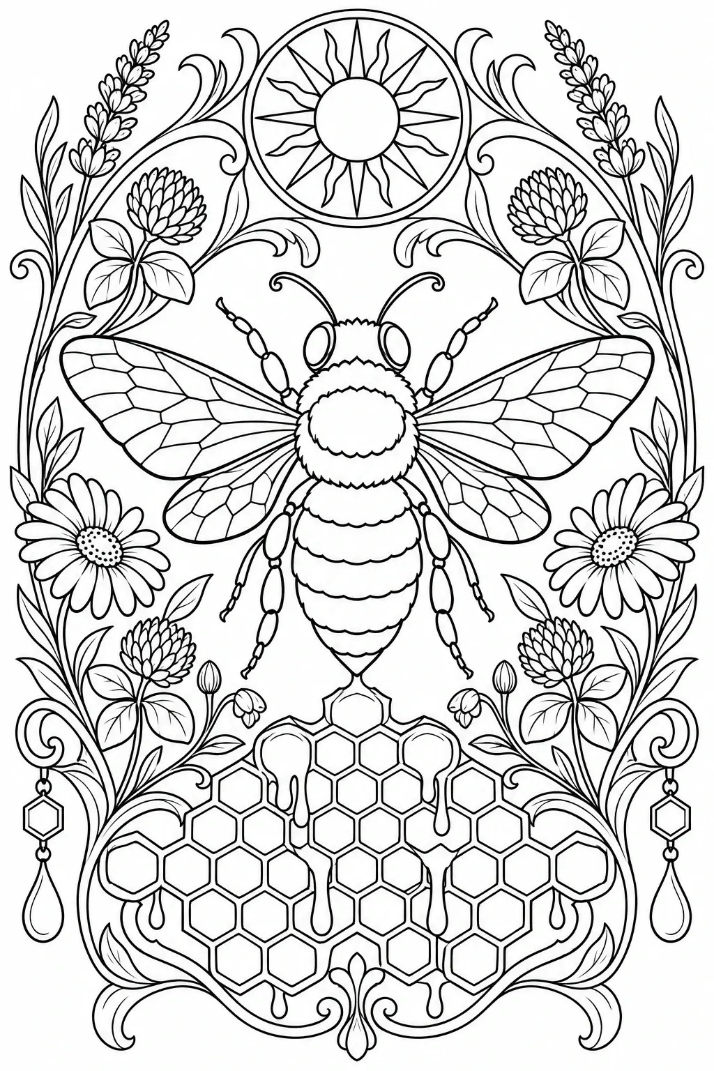 A detailed honeybee coloring page with flowers, a honeycomb pattern, and a sun motif in black-and-white.