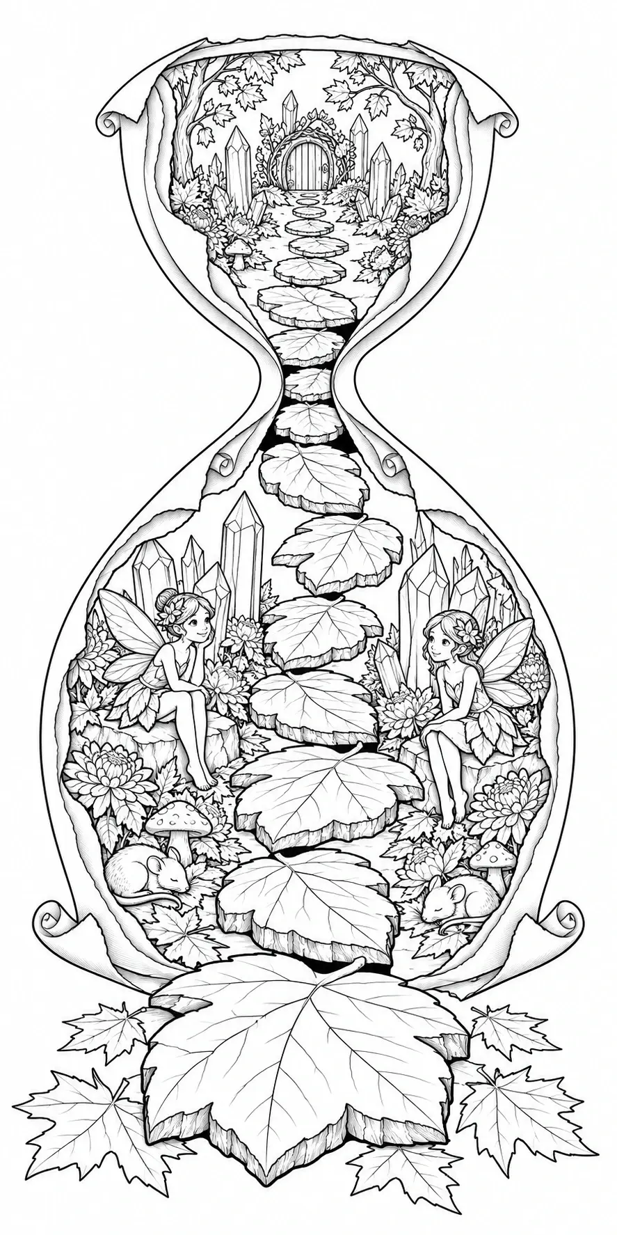 A detailed coloring page showing an hourglass filled with a leafy path, two fairies, crystals, mice, and forest plants.