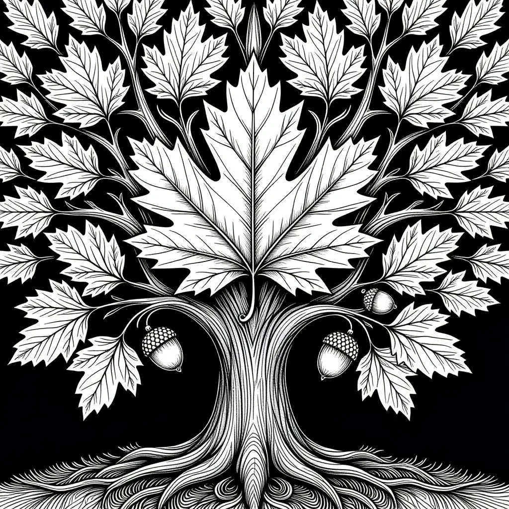 Black-and-white intricate fall tree with leaves and acorns coloring page; high-contrast line art ideal for detailed coloring page, kids' coloring page, printable coloring page projects, and coloring