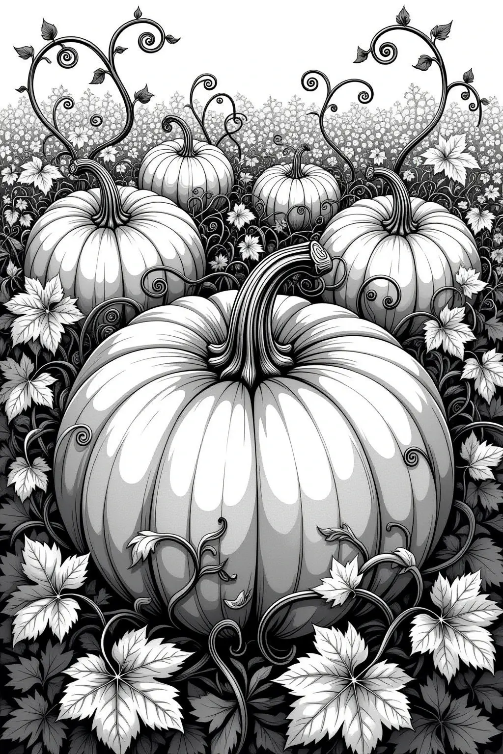 Black-and-white pumpkin patch illustration with curling vines and leaves one of our detailed coloring page for fall and Halloween. Ideal as a printable coloring page for adults and kids' coloring