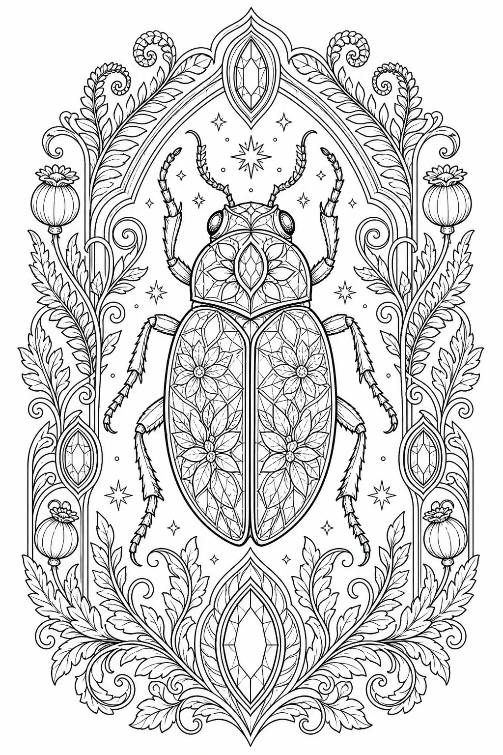 Intricate coloring page of a jewel beetle with a symmetrical floral and mandala-style botanical frame.