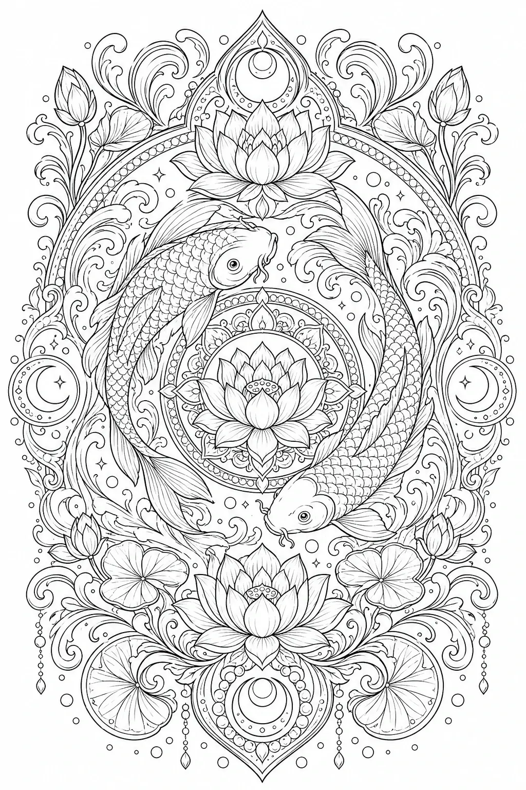 Intricate black-and-white coloring page showing two koi fish circling lotus flowers in an ornate symmetrical mandala-style design.