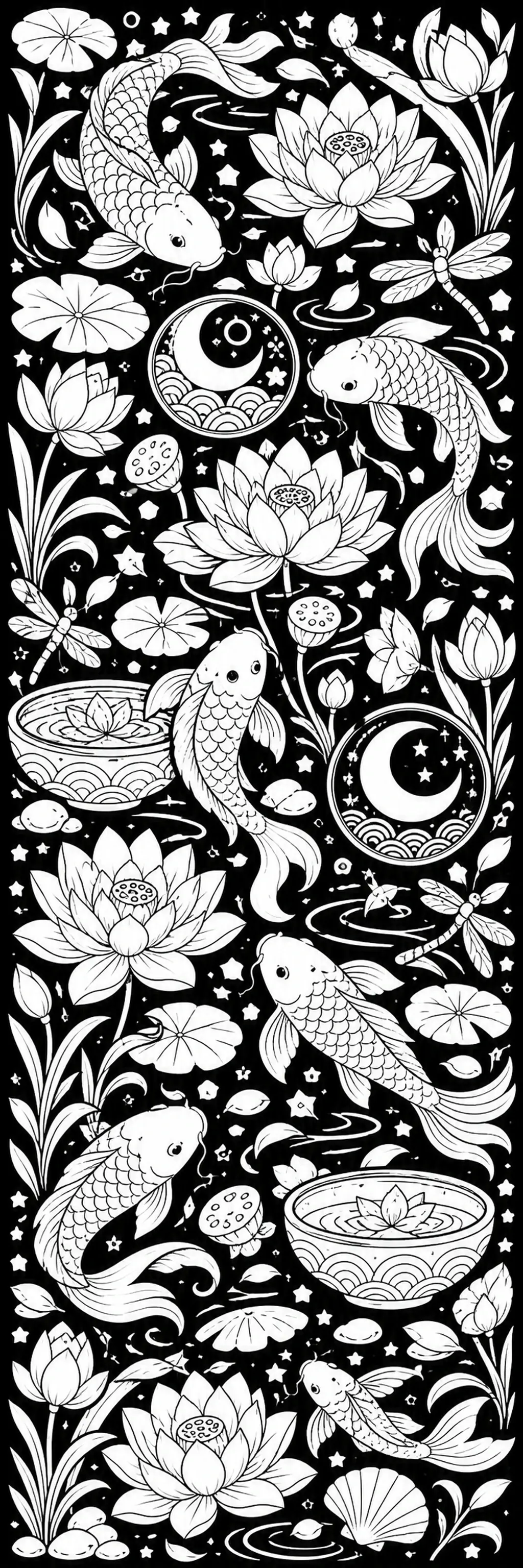 A black-and-white coloring page showing koi fish swimming among lotus flowers, lily pads, dragonflies, moons, and stars.