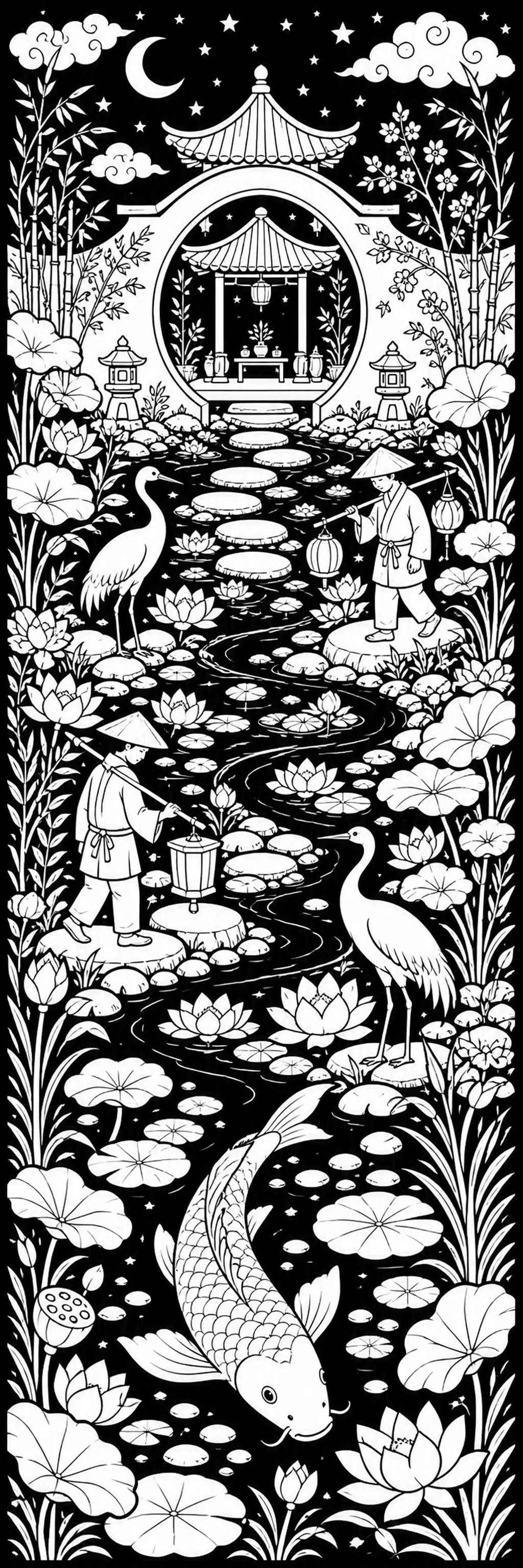 A black-and-white coloring page shows a koi fish in a Japanese garden pond with lotus flowers, cranes, lanterns, and a moonlit pagoda gate.