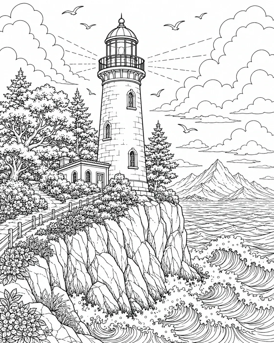 A black-and-white coloring page shows a tall lighthouse on a cliff above waves, trees, birds, and distant mountains.
