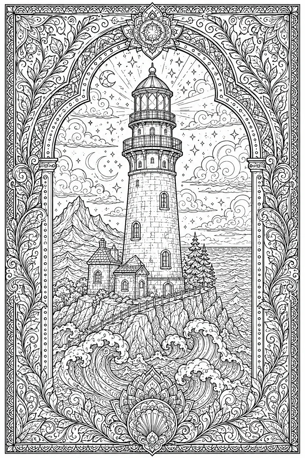 A black-and-white coloring page of a lighthouse on a rocky coast with waves, mountains, and an ornate floral border.