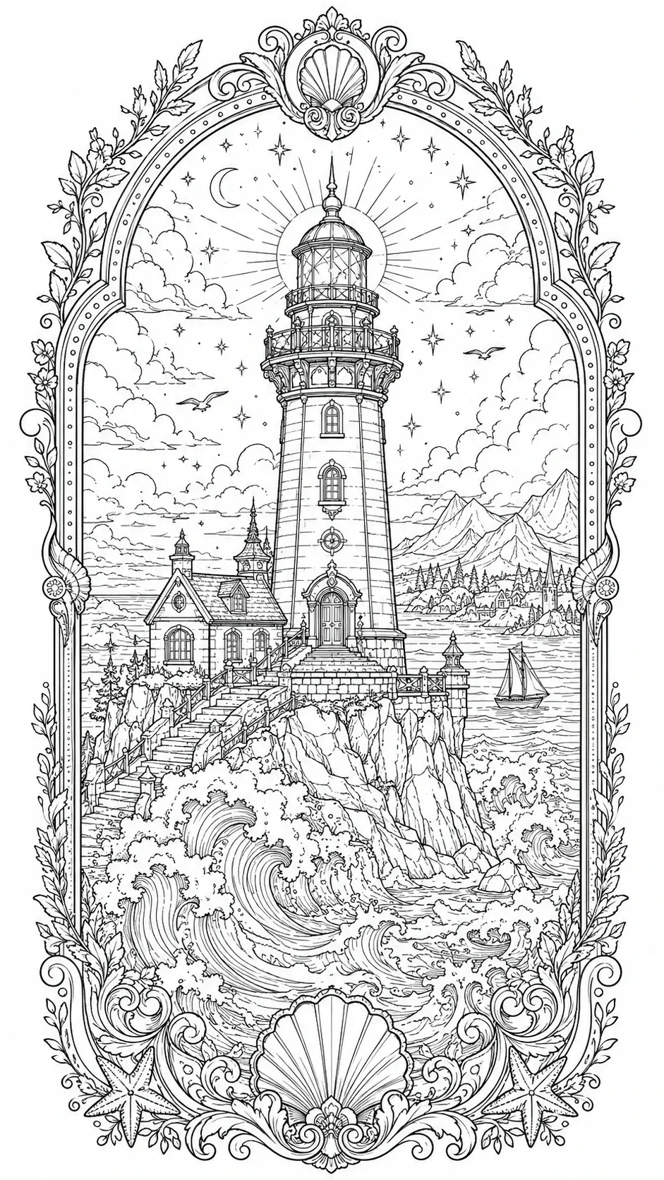A detailed lighthouse coloring page with ocean waves, a sailboat, clouds, stars, and a decorative shell frame.