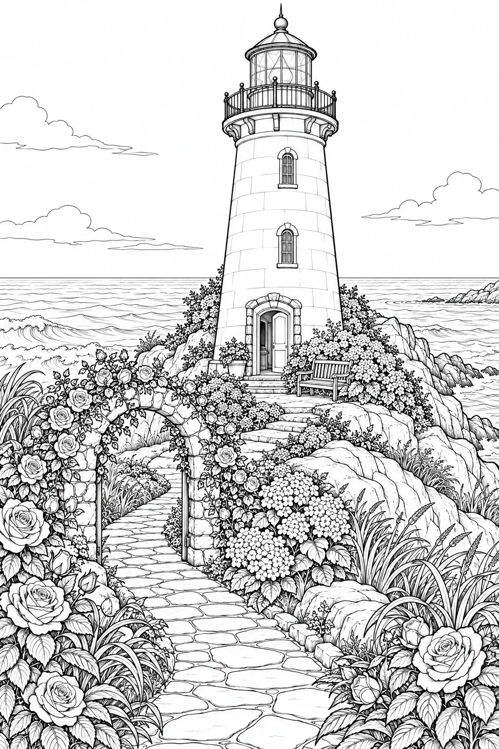 This detailed coloring page shows a tall lighthouse above a stone path bordered by roses, with ocean waves, rocks, and clouds.
