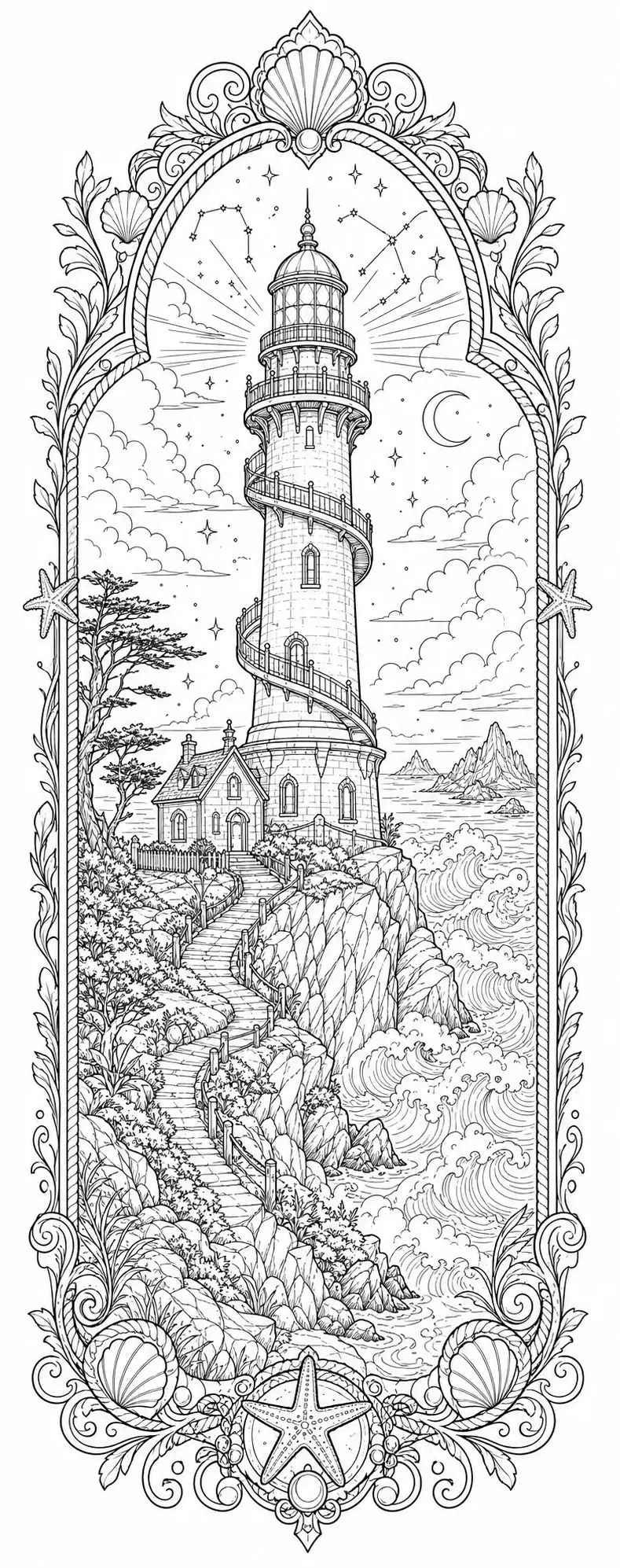An ornate lighthouse coloring page shows a tall coastal tower, waves, stars, and a moonlit seascape.