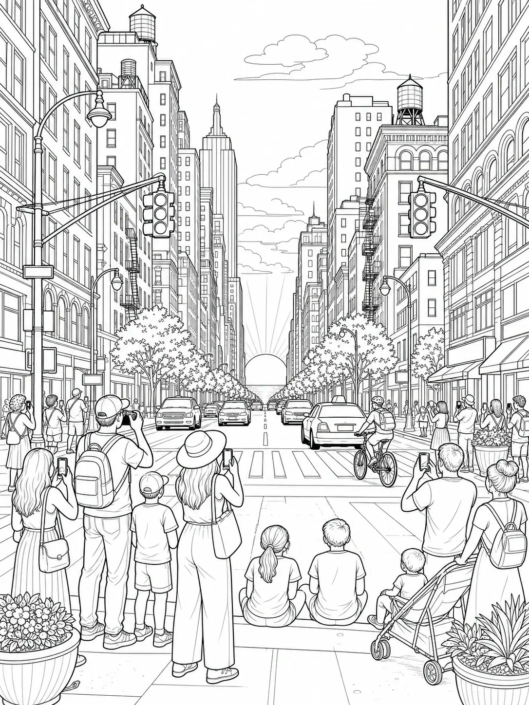 Detailed coloring page of people watching a Manhattanhenge-style sunset between New York City buildings on a busy street.