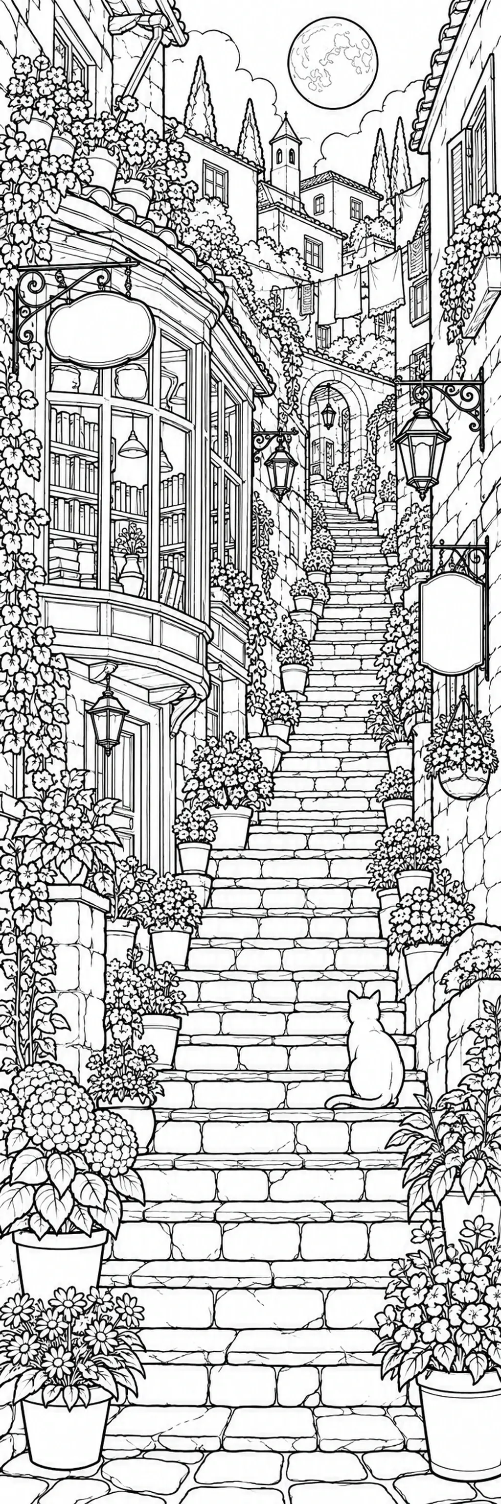 A detailed coloring page shows a cat on flower-lined village stairs beside a bookshop with visible shelves under a full moon.