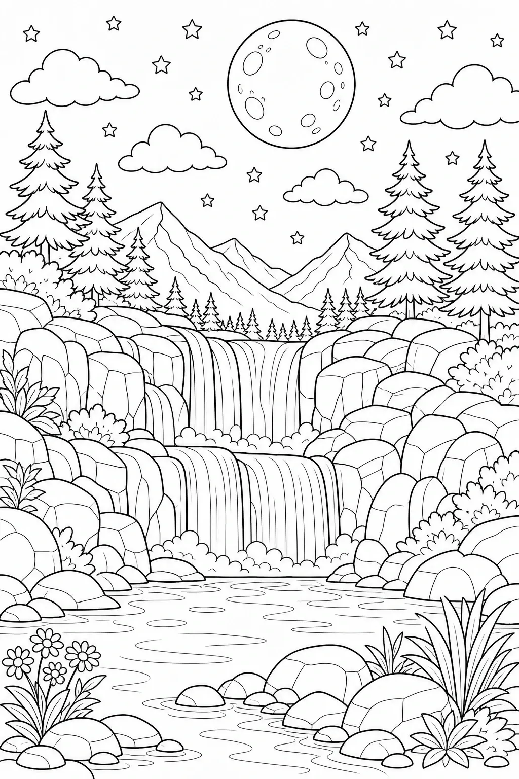 Black-and-white coloring page of a moonlit mountain waterfall landscape with stars, clouds, pine trees, rocks, and flowers.