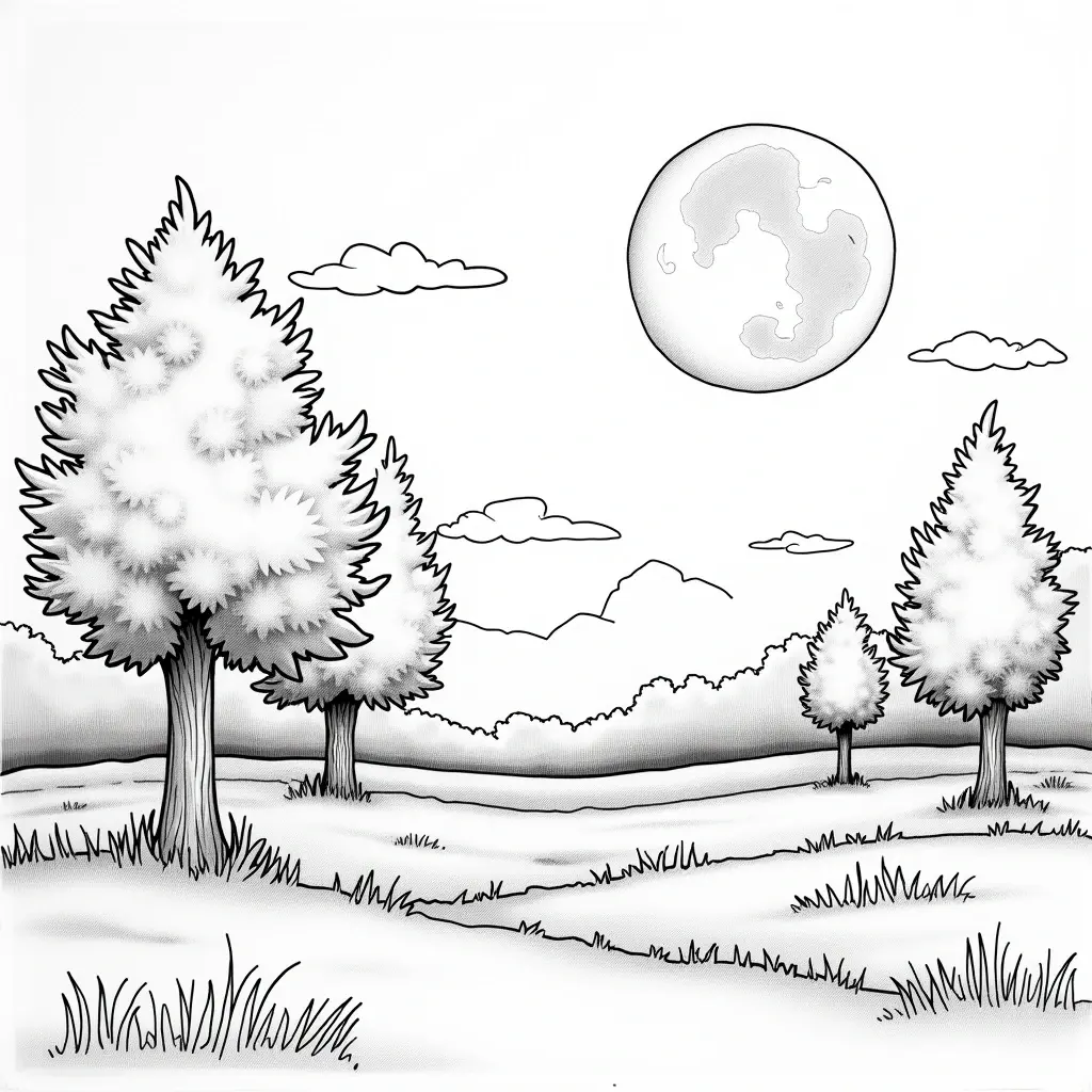 Black and white coloring page of a moonlit winter landscape with snow-covered trees, clouds, and grassy ground.