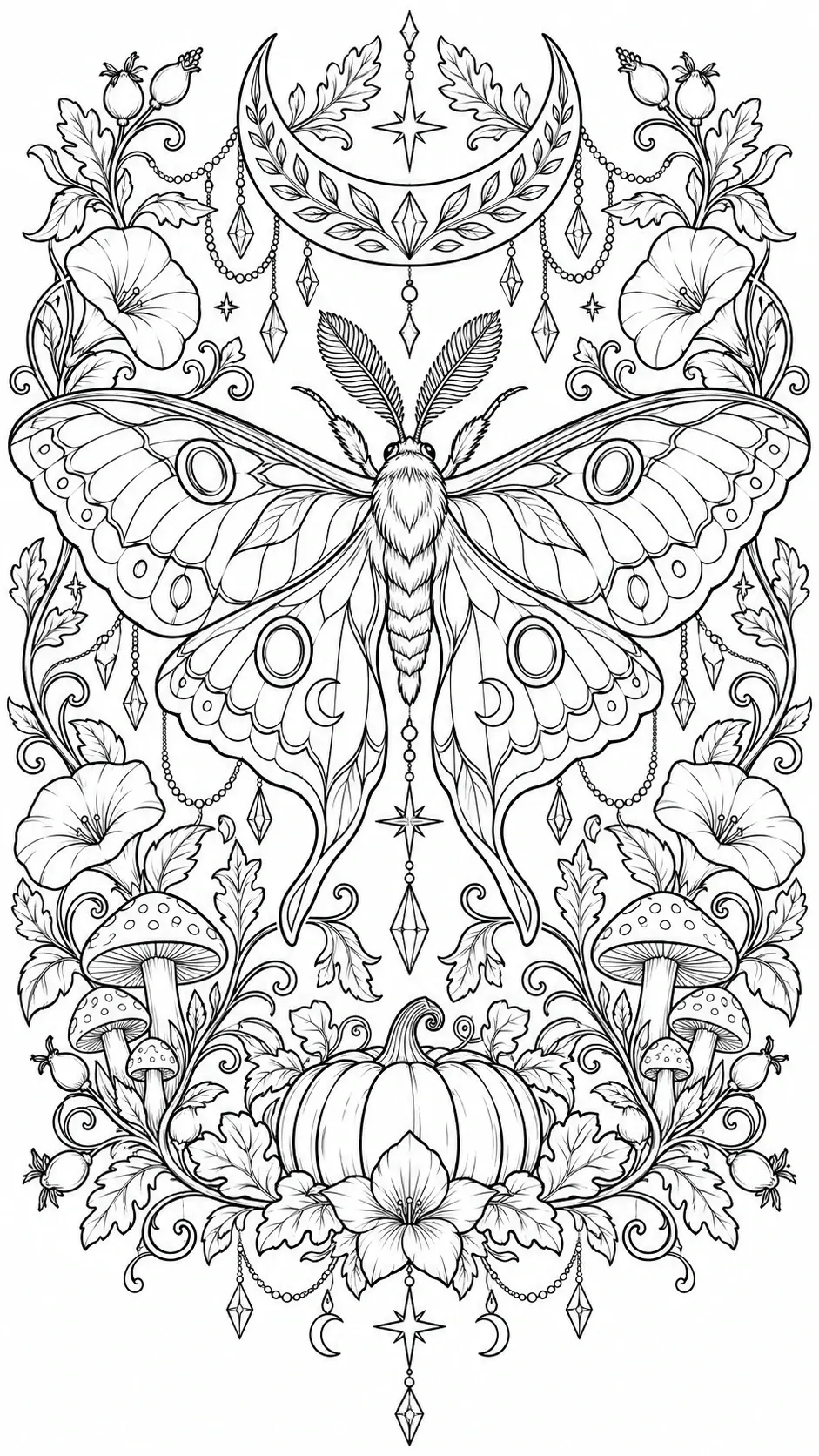 An intricate moth coloring page with a crescent moon, flowers, mushrooms, leaves, and hanging crystals.