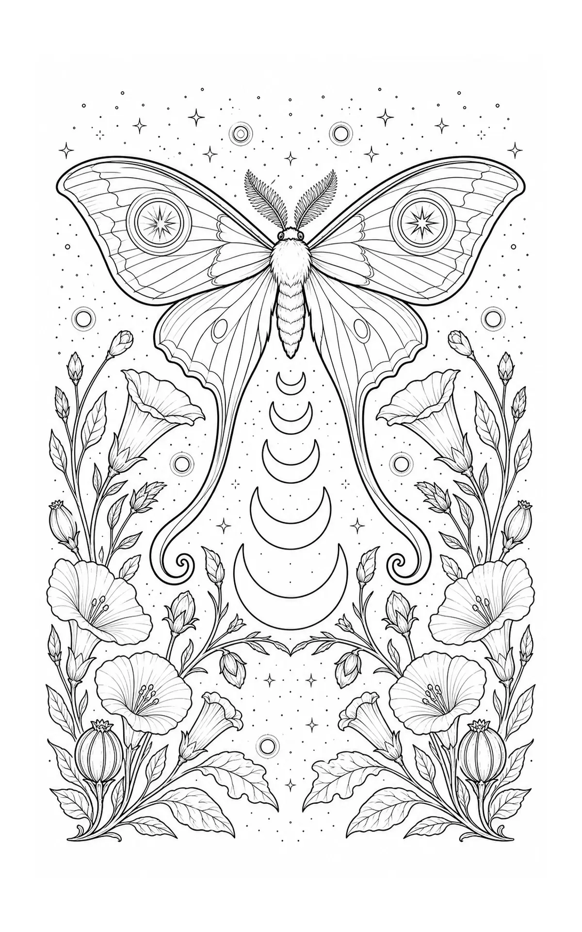 A decorative moth coloring page with moon phases, stars, and flowers arranged around it.
