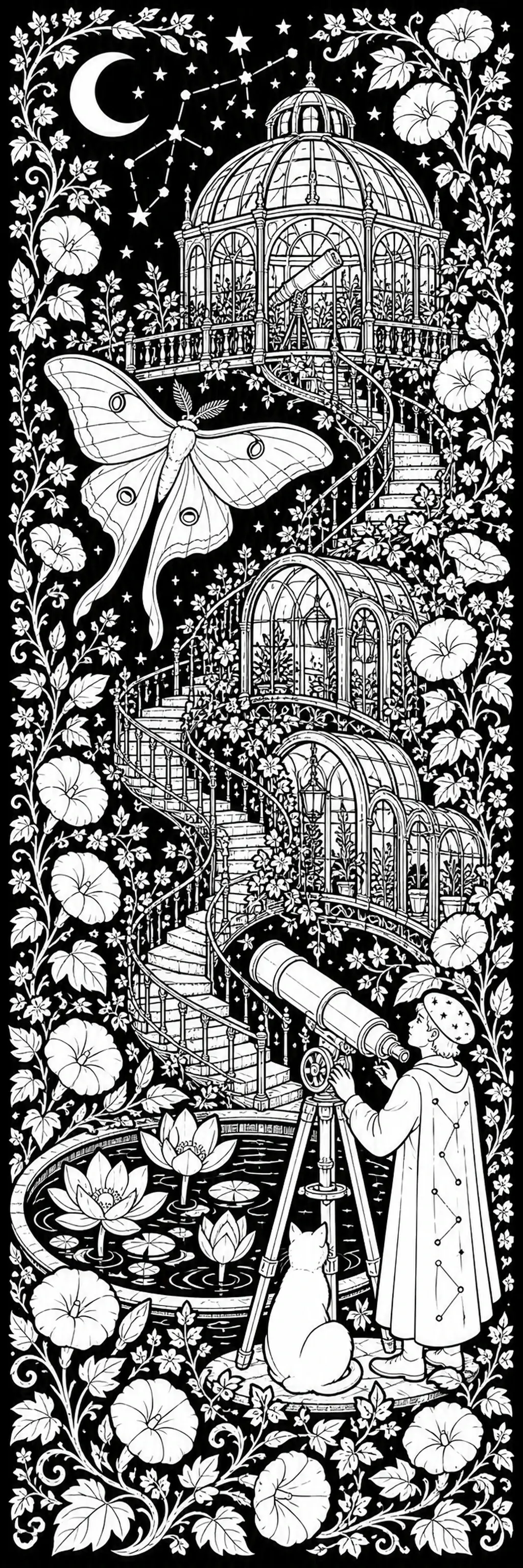 A moth flies in front of a moonlit greenhouse observatory coloring page with a telescope, stars, and flowers.