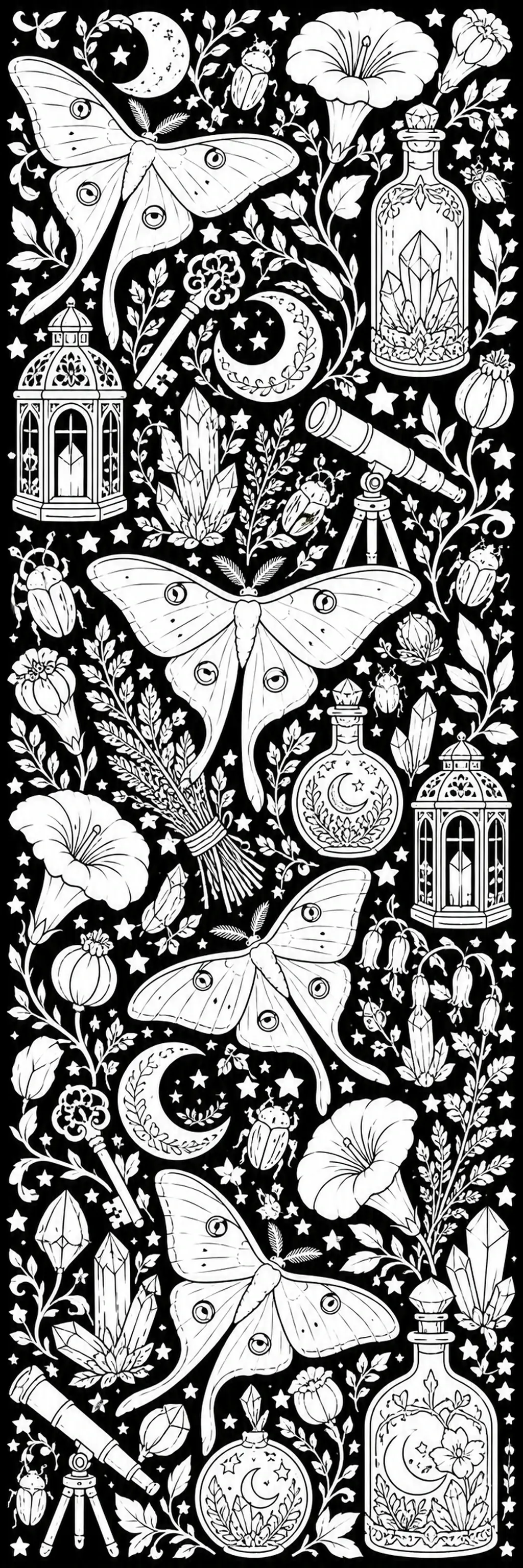 Black-and-white coloring page of moths surrounded by moons, stars, crystals, lanterns, and leafy plants.