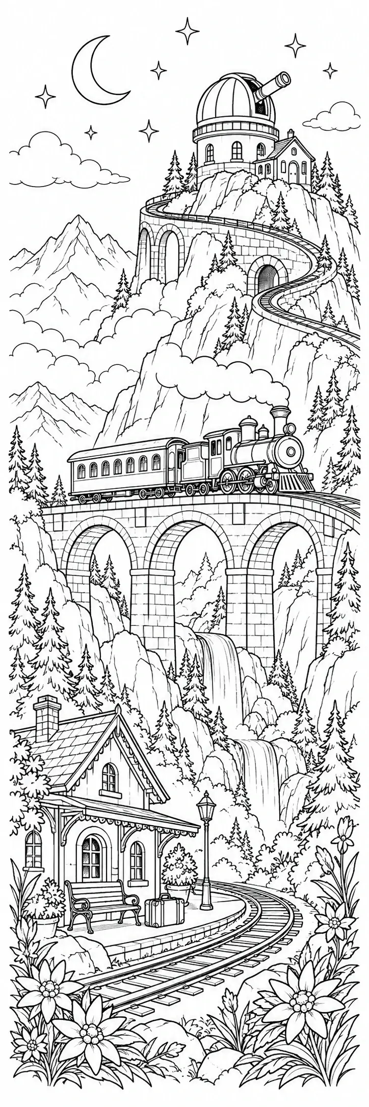 A black-and-white coloring page shows a mountain observatory, a train on a stone bridge, waterfalls, a cabin, and flowers under a moon and stars.