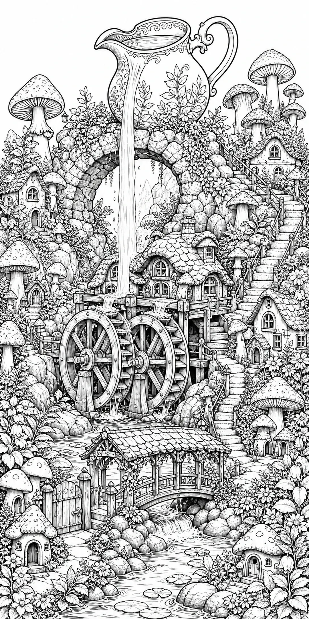 A black-and-white coloring page shows a fantasy mushroom village with a waterfall, water wheel, bridge, cottages, and flowers.