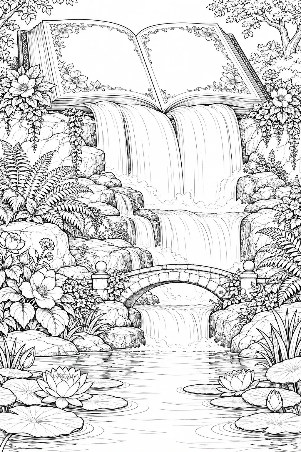 This detailed coloring page shows an open book above tiered waterfalls, a stone bridge, flowering plants, and lily pads.